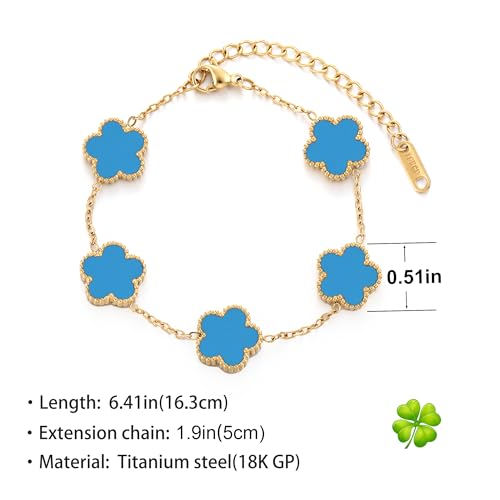 TICVSS Four Leaf Clover Bracelet for Women 18K Gold Plated Stainless Steel Lucky 4 Leaf Gold Link Bracelet Jewelry Gift for Women - color: Blue