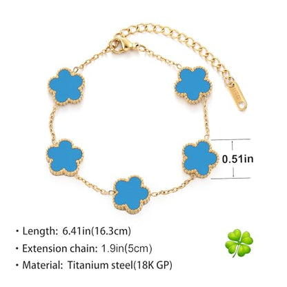 TICVSS Four Leaf Clover Bracelet for Women 18K Gold Plated Stainless Steel Lucky 4 Leaf Gold Link Bracelet Jewelry Gift for Women - color: Blue