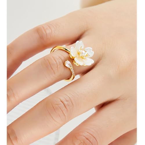 Kokoma Dainty Flower Ring for Women Sparkling Cubic Zirconia Daisy Open Statement Rings Pearl Chic Engagement Promise Ring Wrap Finger Band - color: Baroque