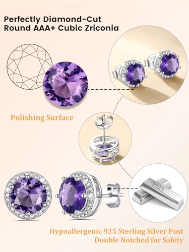 Bestyle Authentic 925 Sterling Silver 2 Carat Birthstone Earrings for Women, More Sparkle Heart/Round Solitaire Diamond Studs Earrings, Great Birthday/Christmas/Anniversary Jewelry for Wife Mother - color: 02. Feb. Amethyst-Round