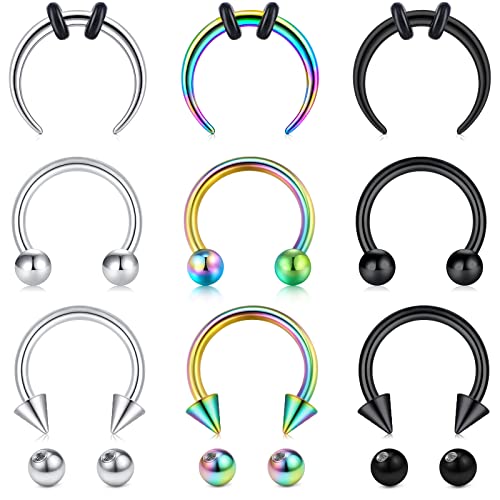 Longita Septum Rings Septum Jewelry 16g 18g Septum Ring Septum Piercing 20g Horseshoe Earring Hoop Lip Ring Silver Black Gold - color: silver+black+rainbow