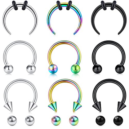 Longita Septum Rings Septum Jewelry 16g 18g Septum Ring Septum Piercing 20g Horseshoe Earring Hoop Lip Ring Silver Black Gold - color: silver+black+rainbow