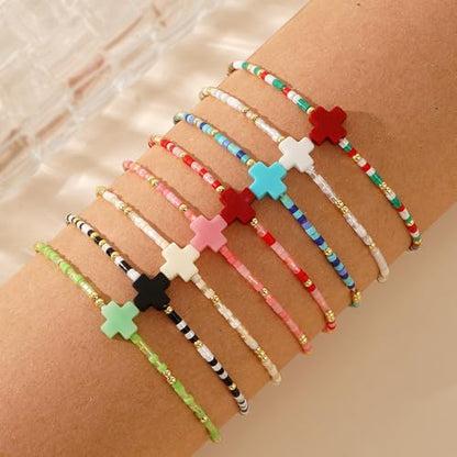 Colorful Stackable Rice Small Mini Seed Beaded Bracelets Set For Women, Handmade Dainty Boho Gold Glass Stretch Accessories Jewelry,Summer Beach Party Daily Friendship Gift - color: Cross175