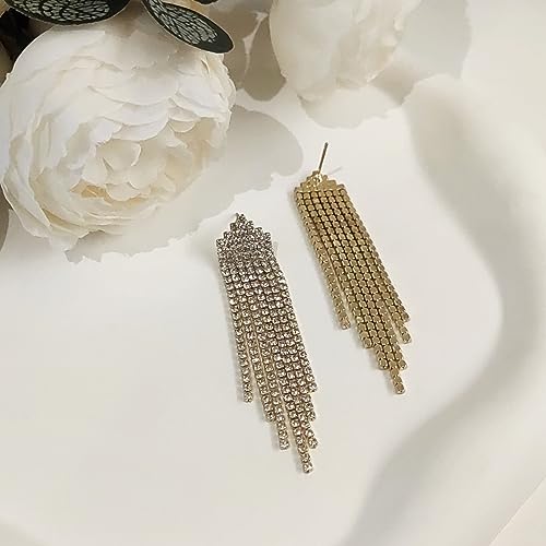 HERIER Rhinestone Earrings Dangling for Women Chandelier Statement Tassel Earrings Girls Silver Sparkly Drop Cubic Zirconia Crystal Earrings Long Dangle Costume Jewelry - color: Gold-Triangle Tassel