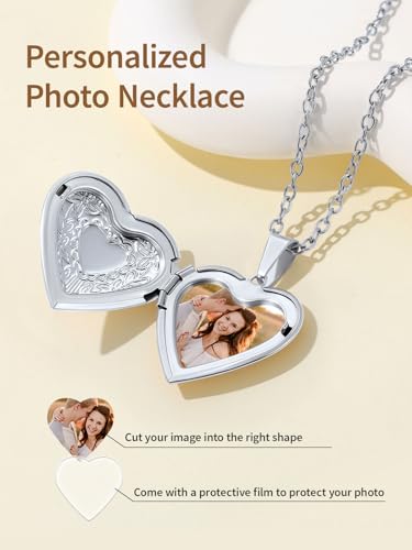 FindChic Locket Necklace for Women Custom Photo Memorial Gifts 4 Colors | Silver/Black/Rose Gold/Gold Plated Personalized for Loved Ones, Birthday Valentine's Day Keepsake - style: 13. Heart Pattern (DIY)-Silver