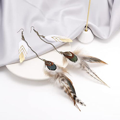 RUOFFETA Long Feather Earrings for Women, Boho Bohemian Earrings Multicolor Tassel Handmade Feather Earrings for Women Dangling - style: Style F