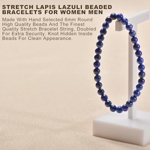 Agate Round Beaded Bracelet for Women Men Natural Agates Stone Healing Bracelets Stretch Elastic Handmade Polished Gemstone Beads Bracelet - color: Lapis Lazuli, size: 6mm Beads