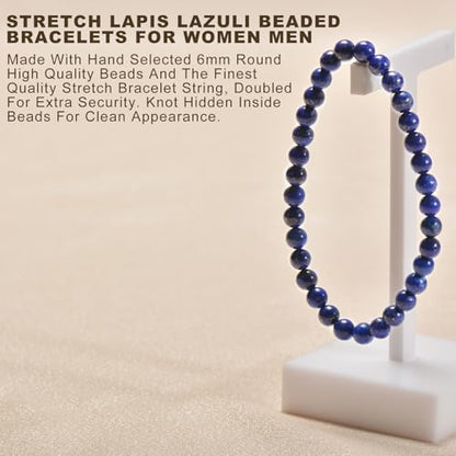 Agate Round Beaded Bracelet for Women Men Natural Agates Stone Healing Bracelets Stretch Elastic Handmade Polished Gemstone Beads Bracelet - color: Lapis Lazuli, size: 6mm Beads