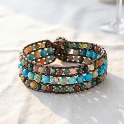 YGLINE Boho Handmade Natural Stone Bead 3 Row Wide Wrap Wrist Statment Bracelet Jewelry Collection - color: agate