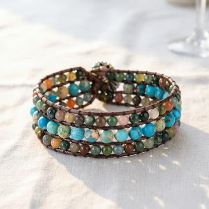 YGLINE Boho Handmade Natural Stone Bead 3 Row Wide Wrap Wrist Statment Bracelet Jewelry Collection - color: agate