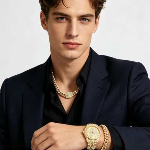 NEWITIN 4 Pieces Cuban Jewelry Set for Men Diamond Watch Necklace Bracelets | Hypoallergenic, Cubic Zirconia, Cuban Link Chain, Iced Out Bling Rhinestone, Silver Gold Black, Hip Hop Jewelry Set for Men