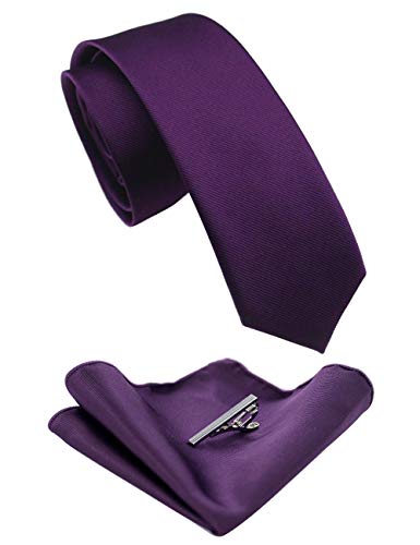 JEMYGINS 2.4" Solid Color Skinny Tie and Pocket Square with Tie Clip Sets for Men (6cm) - color: Purple