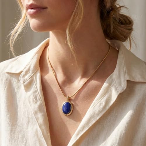 Sonateomber Gold Stone Pendant Necklace for Women, Chunky Statement Dainty Heart Oval Natural Gemstone Dangle Necklaces Wedding Prom Accessories Fashion Jewelry Gift - color: Blue