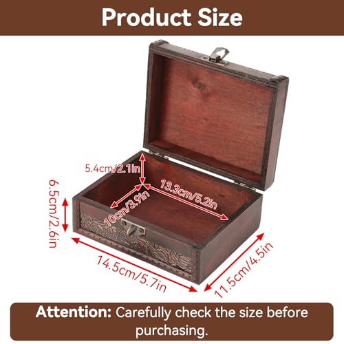 HERCHR Wooden Treasure Chest Box with Key and Lock, Retro European Style Wooden Jewelry Storage Box Memory Keepsake Letter Treasure Chest Lockable with Hinged Lid for Home Decor