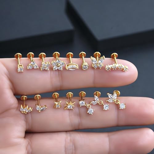 TOPBRIGHT 18G Surgical Steel Internal Thread Flat Back Stud Earrings - Hypoallergenic 14K Gold Plated Tragus/Helix/Nose/Conch/Medusa/Lip Piercing Jewelry for Women & Men