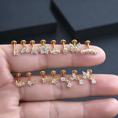 TOPBRIGHT 18G Surgical Steel Internal Thread Flat Back Stud Earrings - Hypoallergenic 14K Gold Plated Tragus/Helix/Nose/Conch/Medusa/Lip Piercing Jewelry for Women & Men