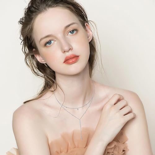 Sterling Silver Dainty Bead Layered Long Lariat Choker Necklaces for Women Boho - style: Two-Piece
