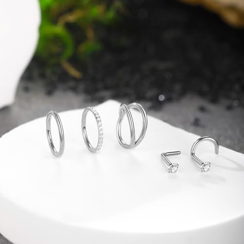 Xpircn 5pcs Hoop Nose Rings and L Shaped Nose Rings Stud Set 18G/20G Stainless Steel CZ Helix Conch Daith Tragus Cartilage Hoop Earrings for Women 6mm 7mm 8mm 10mm - color: Silver, size: 18G, 8mm hoop & 7mm studs