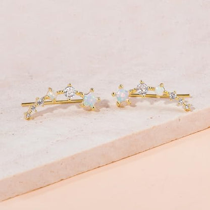 CiNily Star Opal Ear Cuffs Climber Earrings, 14K Gold CZ Ear Crawler Earrings for Women Small Cartilage Stud Earrings Fashion Hypoallergenic Jewelry Christmas Day Gifts, White Gold, Rose Gold - color: Gold-White Opal, size: Star Opal