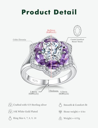 Flower Engagement Promise Ring Sterling Silver Birthstone Rings for Women Sapphire/Emerald/Ruby Gemstone Six Leaf Clover Statement Cocktail Ring Size 6 to 10 - style: 02. February-Created Amethyst