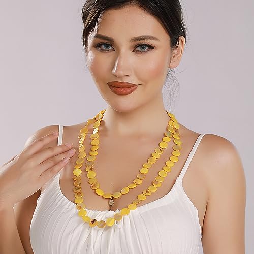 Firstmeet Flat Round Coin Shell Beads Long Knotted Necklace Natural Mother of Pearl Handmade Jewelry For Women - color: Yellow