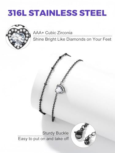 Richsteel Double Layer Heart/Butterfly Birthstone Anklet for Women | Non Tarnish Waterproof, Silver/Gold/Black Stainless Steel 8.5-10.5 Inch Adjustable Chain Anklets Summer Beach Foot Jewelry - color: Black Heart-04 Apr.(Diamond)