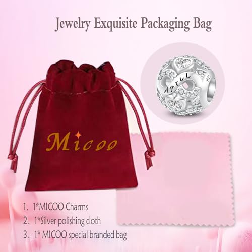 MICOO 925 Sterling Silver Jan-Dec Birthstone Charms For Bracelets and Necklaces, Original DIY Bead Charms With Cubic Zirconias Jewelry Birthday Gifts For Women. - color: 4-April Birthstone charm