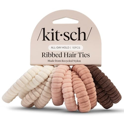 Kitsch Ribbed Hair Ties No Damage - Blush, 10pcs | Strong, Stretchy & Snag-Free Hair Bands – Soft Fabric Ponytail Holders, Stylish Elastics for Everyday Hairstyles - color: Blush Ribbed (Pack of 10)