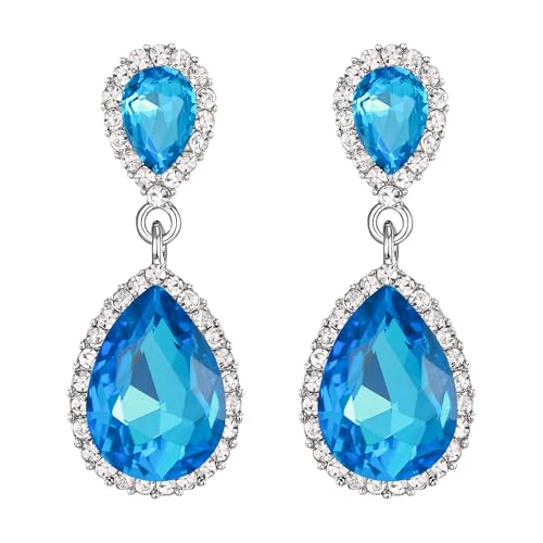 EVER FAITH Women's Austrian Crystal Wedding Tear Drop Dangle Earrings | Bridal Prom Jewelry for Bride Bridesmaid - color: Sea Blue
