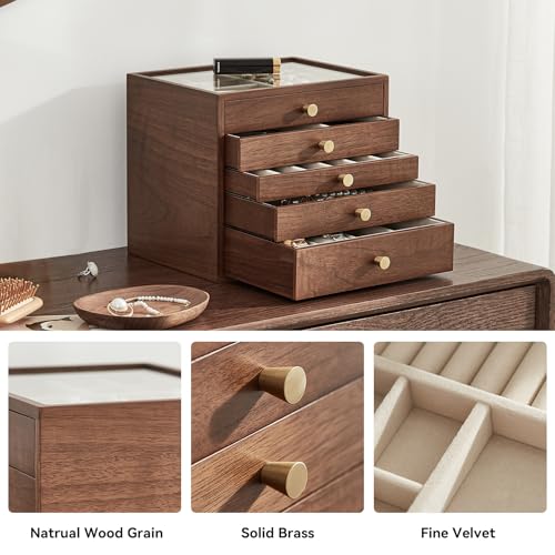 Black Walnut Wooden Women Jewelry Box with Glass Lid, 5 Layer | Large Wood Jewelry Drawer Organizer,Velvet-Lined, For Necklaces, Watch, Ring, Earring, Gift for Her - style: 5 Layer