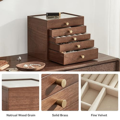 Black Walnut Wooden Women Jewelry Box with Glass Lid, 5 Layer | Large Wood Jewelry Drawer Organizer,Velvet-Lined, For Necklaces, Watch, Ring, Earring, Gift for Her - style: 5 Layer