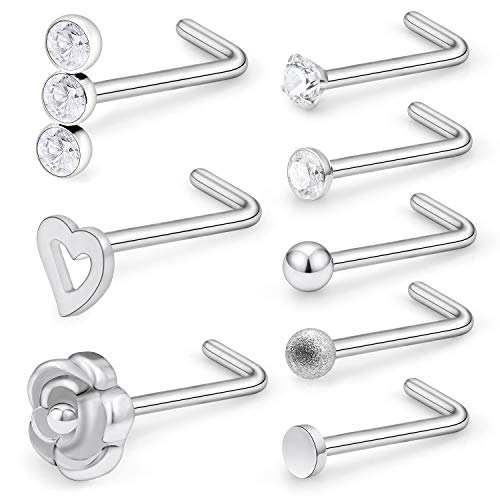 SCERRING 20G 8PCS Stainless Steel Flower Rose Heart L-Shaped Nose Stud Rings Piercing Jewelry Clear Cubic Zirconia - color: 8PCS - Silver