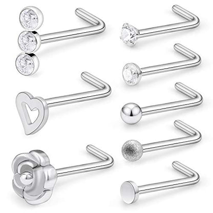 SCERRING 20G 8PCS Stainless Steel Flower Rose Heart L-Shaped Nose Stud Rings Piercing Jewelry Clear Cubic Zirconia - color: 8PCS - Silver