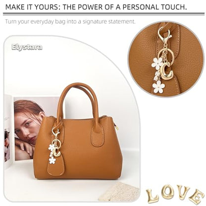 Floral Series Initial Bag Charm, Cute Flower & Bubble Letter Purse Charms, Keychain Accessories Gift for Women - color: White Flower, style: C