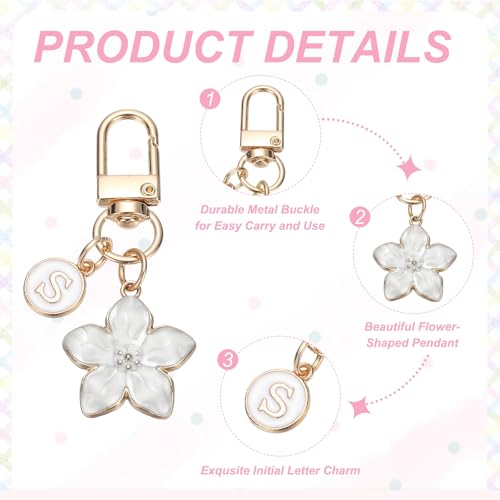 PATIKIL Flower Initial Keychain, Letter Keychain Charm Graceful Flower with Letter for Women Pendant Key - color: White