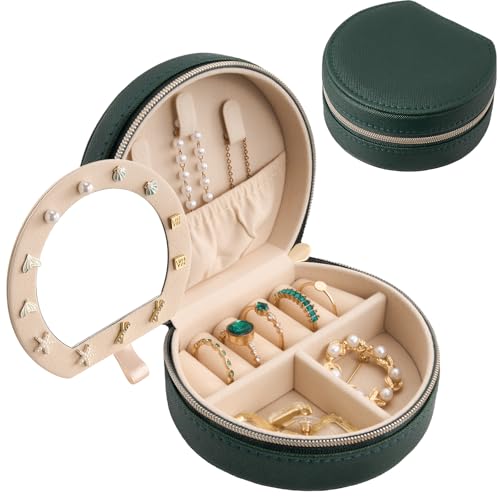 ProCase Travel Size Jewelry Box, Mini Portable Seashell-Shaped Jewelry Case with Mirror, 2 Layer Organizer in PU Leather for Women -Emerald - color: Emerald, size: Small Mirror
