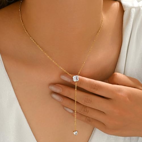 Dainty Y-Shaped Lariat CZ Drop Charm Pendant Necklaces for Women - color: Square-CZ-GD