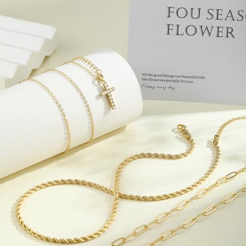 MFRYK Gold Necklaces for Women,14K Gold/Silver Plated Choker Layered Necklace Dainty Pearl Disc Cross Circle Heart Pendant Chain Stackable Necklaces, Multilayer Jewelry Set Gifts for Women - style: 3Layered Cz Cross-GD