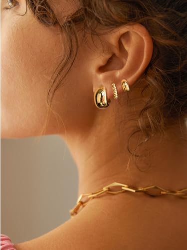 Freekiss 3 Pairs Hoop Earrings Set - Dainty Stud Dangle Cartilage for Women | Hypoallergenic Earrings, Cubic Zirconia Stackable Trendy Small Set Jewelry Gifts for Women - style: 2Polished Twisted Earrings-GD