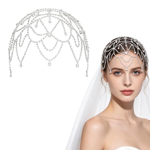 1920s Crystal Cap Headpiece Vintage Silver Rhinestone Flower Head Chain Roaring 20s Great Gatsby Hair Accessories for Bridal Wedding Halloween Cosplay Party