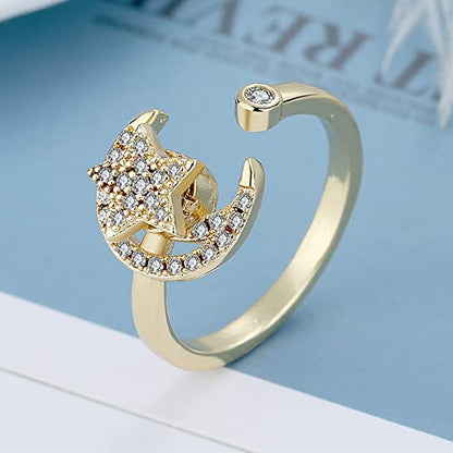 COLORFUL BLING Fidget Sunflower Evil Eye Daisy Spinner Stackable Rings Bee Butterfly Adjustable Open Rotatable CZ Cubic Zirconia Anti Stress for Women Wedding Jewelry - style: Gold Moon