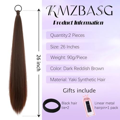Yaki Straight Ponytail Extension 2 PCS 26 Inch Dark Reddish Brown Ponytail Extensions for Black Women 90g Synthetic Hairpieces for Braided Ponytail Extension DIY Daily Party Use - color: Dark Reddish Brown