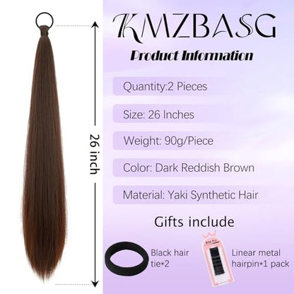 Yaki Straight Ponytail Extension 2 PCS 26 Inch Dark Reddish Brown Ponytail Extensions for Black Women 90g Synthetic Hairpieces for Braided Ponytail Extension DIY Daily Party Use - color: Dark Reddish Brown