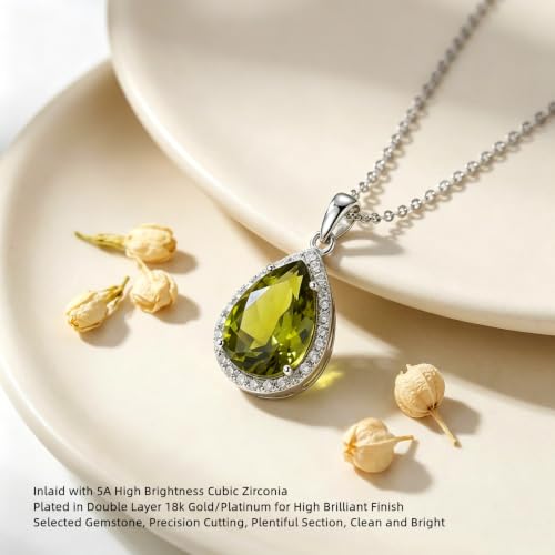 VONSSY Classic Oval Pendant Gemstone Necklace | Crystal Ruby Sapphire Waterdrop Birthstone Teardrop Emerald Necklace | 18K Platinum Gold Plated Chain | Jewelry Gift for Mother Wife Girlfriend - color: NL-Olive-Platinunm