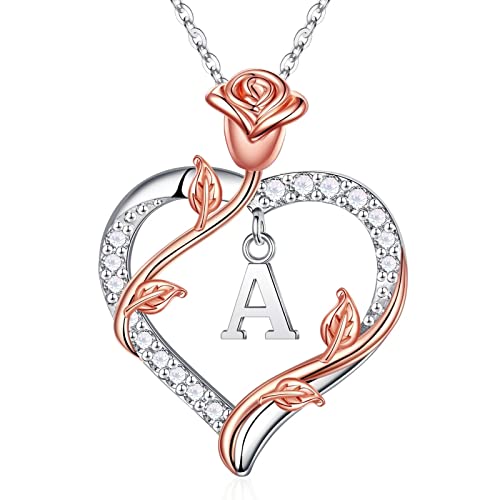 Iefil Anniversary Birthday Gifts for Women, Rose Heart Initial Necklace | Gift Box Packaging, 925 Sterling Silver, Jewelry Gifts for Women Her Wife Mom Girlfriend, Initial A-Z, 19+2inches - color: IEFIL JEWELRY BOX, style: A'