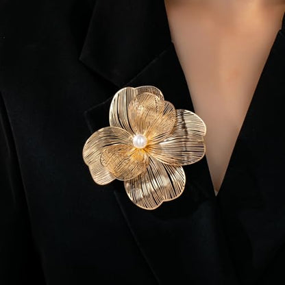 Kokoma Hollow Flower Brooch Pin for Woman Pearl Multi-Layer Petals Lapel Pin Shawl Clip Safety Pin Badge for Cloth Dress Accessories Jewelry