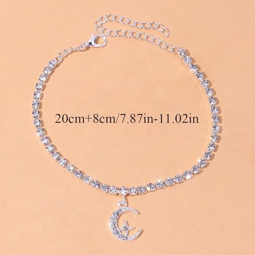 Fesciory Silver Ankle Bracelets for Women, Adjustable Rhinestone Pendant Tennis Anklet, Butterfly Heart Infinite Diamond Summer Beach Foot Chain Jewelry Gifts - style: Moon1