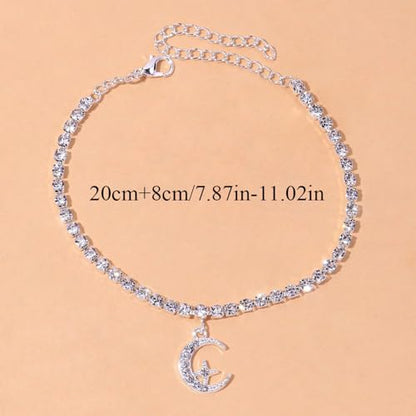 Fesciory Silver Ankle Bracelets for Women, Adjustable Rhinestone Pendant Tennis Anklet, Butterfly Heart Infinite Diamond Summer Beach Foot Chain Jewelry Gifts - style: Moon1