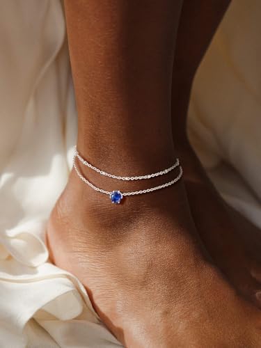 U7 Silver Ankle Bracelet for Women, Waterproof Layered Ankle Round Gem Birthstone Anklets, Summer Beach Foot Jewelry, Adjustable 8.5"-10.5" - color: 09.September-Sapphire Blue