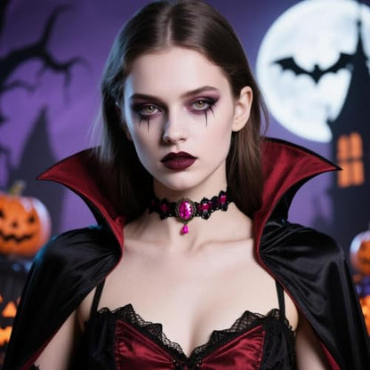 Gothic Lace Choker Vampire Necklace for Women,Black Lace Red Crystal Pendant Necklaces for Halloween,Goth Black Necklace Jewelry Witch Costume Vampire Accessories - style: Style Rose Red